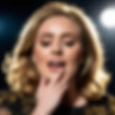 Close-up of Adele expressing emotion during a live performance