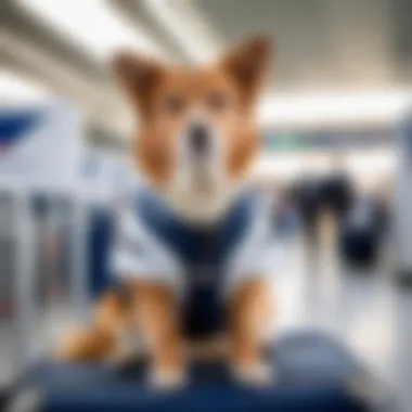 A dog being prepared for travel at the airport