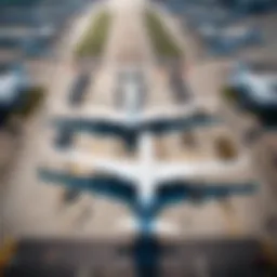 An aerial view of a modern airport bustling with travelers and aircraft.
