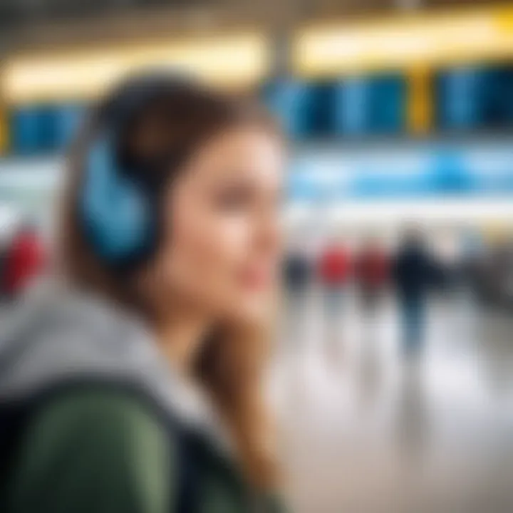 Traveler with headphones enjoying music at the airport