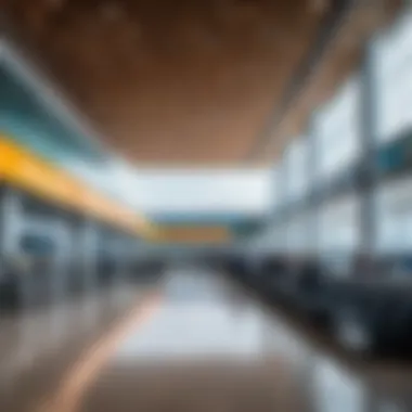 Interior view of a bustling airport terminal in Kazakhstan, highlighting passenger facilities and amenities.