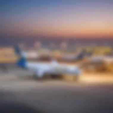 A bustling scene at Al Maktoum International Airport with aircraft and ground operations