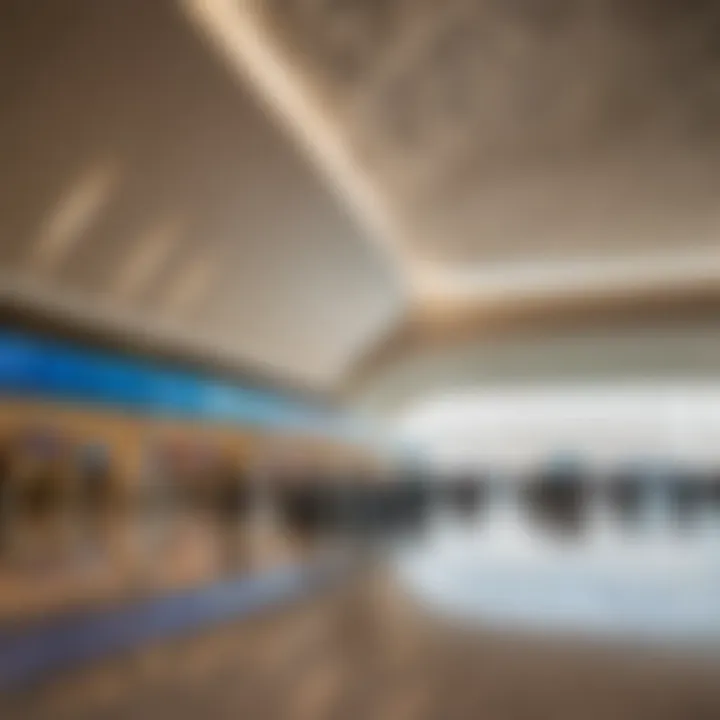 Interior of Al Maktoum International Airport highlighting modern architectural design and passenger amenities.