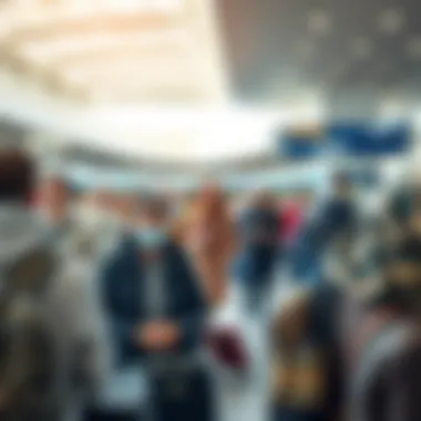 Travelers at a Busy Airport Terminal A bustling airport terminal with diverse travelers embarking on their journeys
