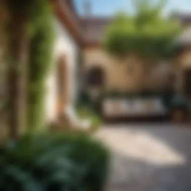 Close-up of a courtyard with plants and seating