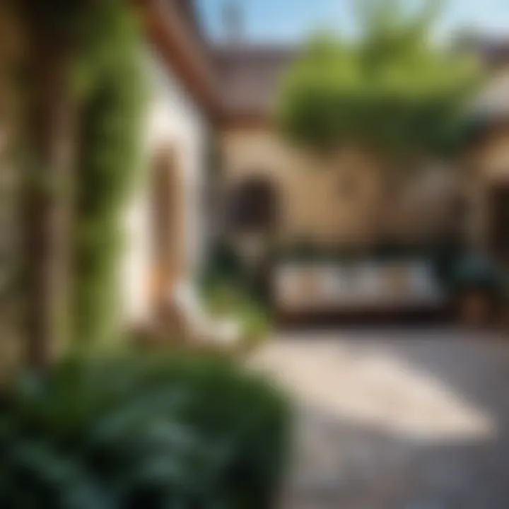 Close-up of a courtyard with plants and seating