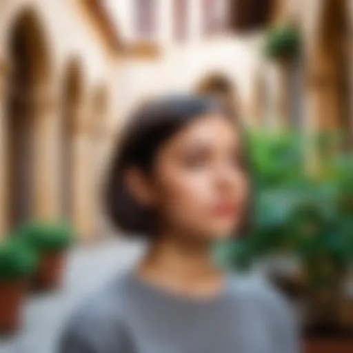 Young woman with a bob haircut in a courtyard