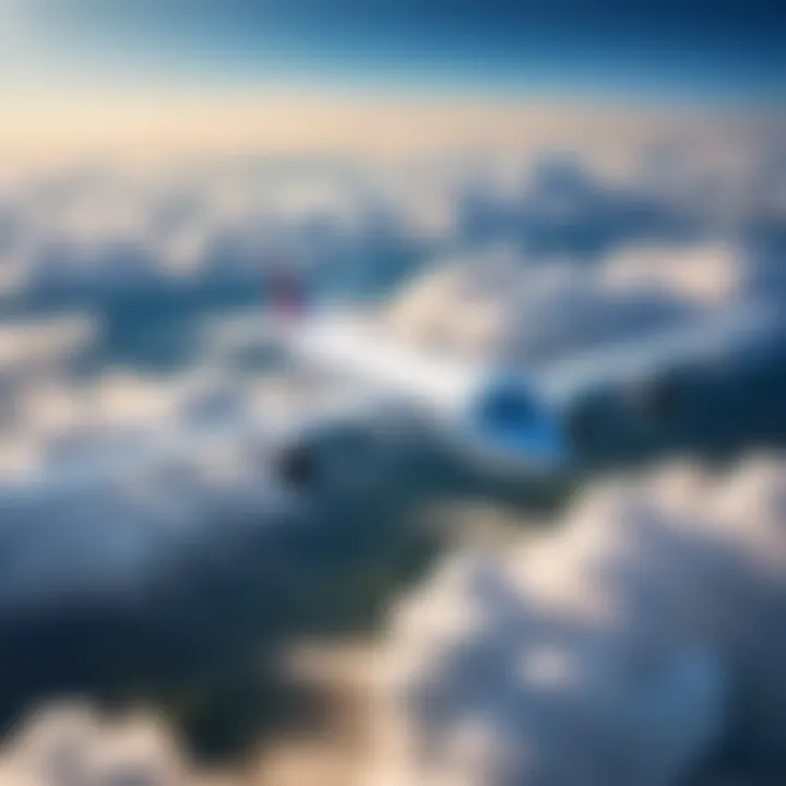 Aerial view of an airplane soaring through the clouds