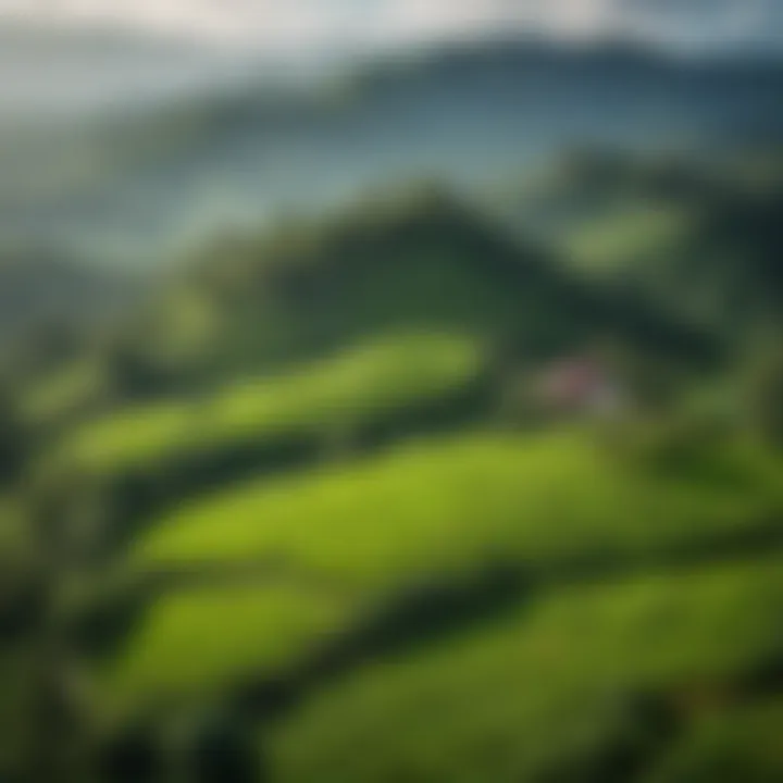 Aerial view of lush green landscapes and tea plantations in Sri Lanka