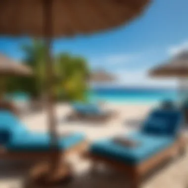 Beautiful beach view with lounge chairs and umbrellas