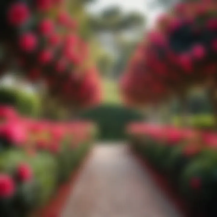 An elegant pathway lined with camelia bushes, creating a serene walking experience.