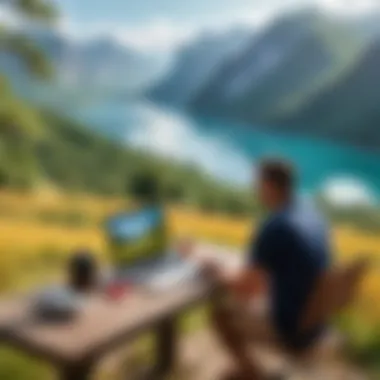 An employee enjoying a scenic view while working remotely abroad