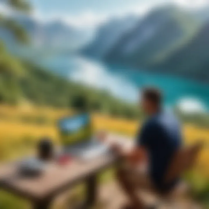 An employee enjoying a scenic view while working remotely abroad