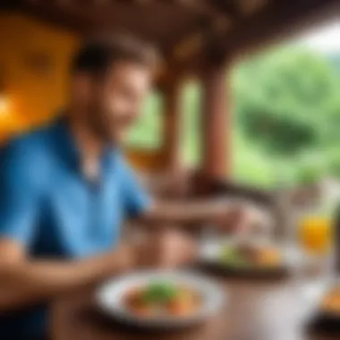 Traveler's Delight: Choosing the Right Accommodation Traveler enjoying a meal, reflecting on accommodation choices