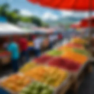 A colorful local market in Venezuela, filled with fresh fruits and cultural artifacts, representing the rich heritage.