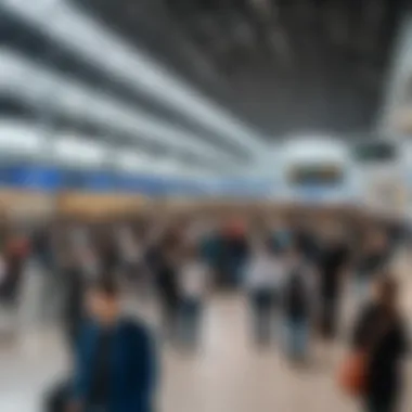 Inside Domodedovo Airport with passengers at a bustling terminal