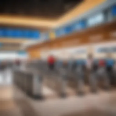 Passengers checking in at Dubai International Airport with multiple airline counters.