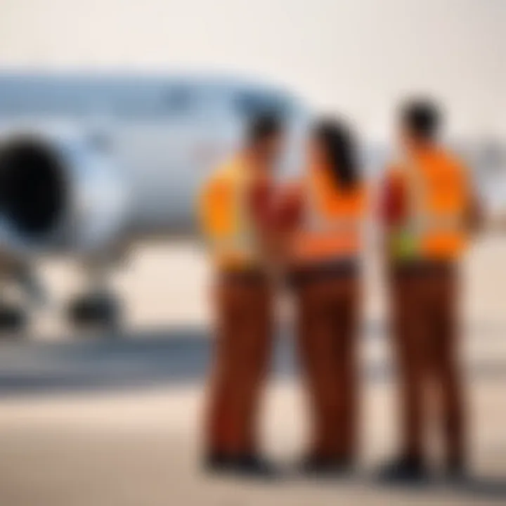 Ground staff facilitating aircraft operations at Al Maktoum International Airport