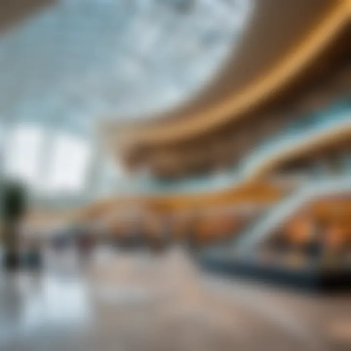 Interior of a modern terminal at Dubai International Airport featuring luxury shops