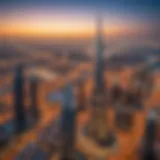 A stunning view of the Burj Khalifa surrounded by the city skyline