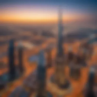 A stunning view of the Burj Khalifa surrounded by the city skyline