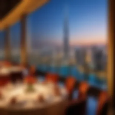 An elegant dining setting in a Dubai restaurant with a view of the Burj Khalifa