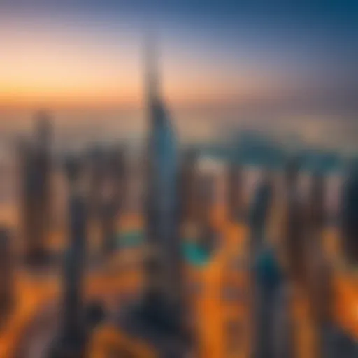 A panoramic view showcasing the iconic skyline of Dubai with modern skyscrapers