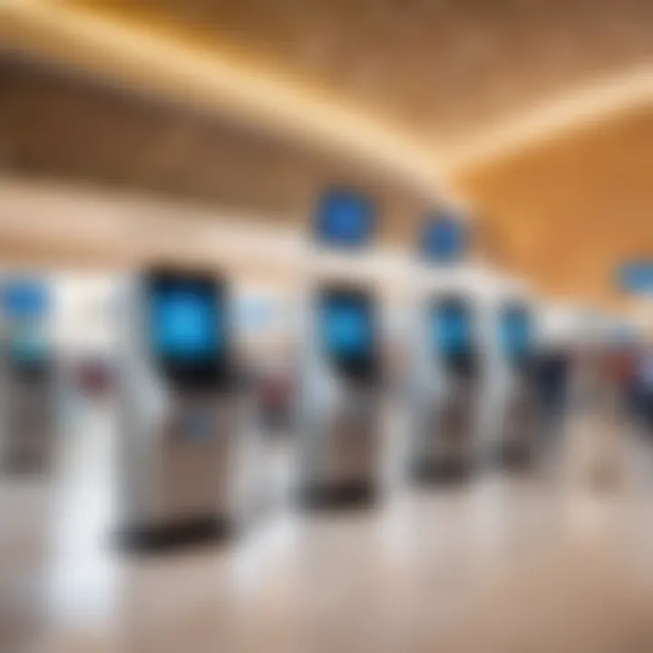 Passengers utilizing advanced check-in kiosks at Dubai International Airport