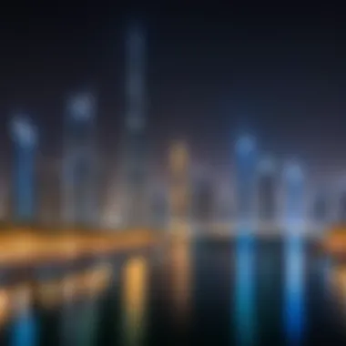 A night view of Dubai's skyline illuminated with lights