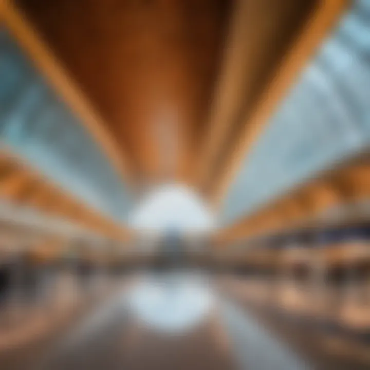 Interior design of the terminal at Dubai World Central Airport reflecting modern architecture.