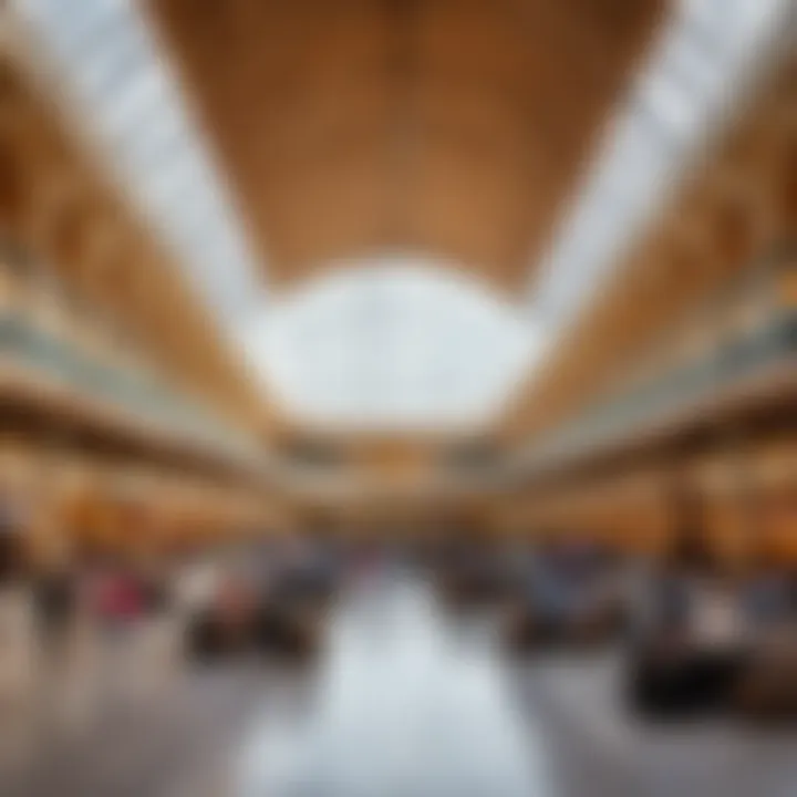 Interior of the terminal at Dubai World Central highlighting modern amenities and passenger services