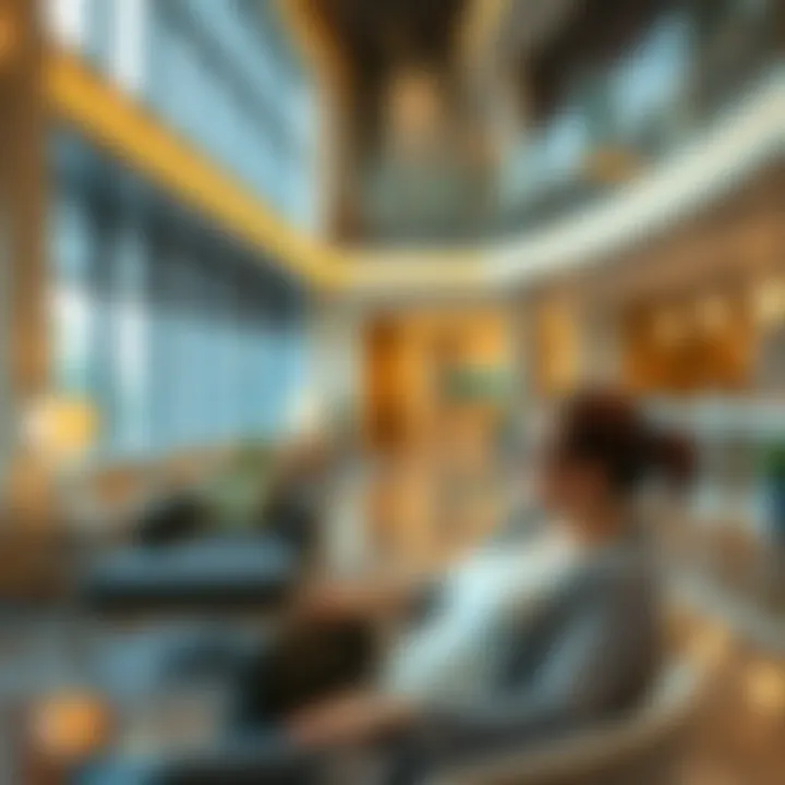 Relaxing in the Hotel Lobby Before Check-In Traveler relaxing in a hotel lobby before check-in