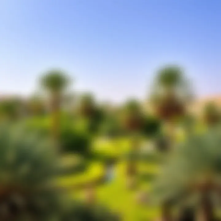 Lush oasis in the desert showcasing vibrant greenery and palm trees