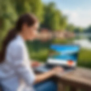 Traveler using a laptop for online check-in