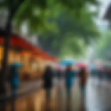 A group of tourists huddled together under umbrellas