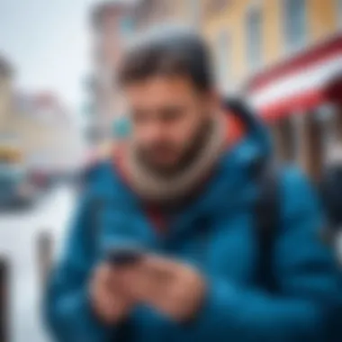 A traveler looking disappointed while checking weather updates on a smartphone