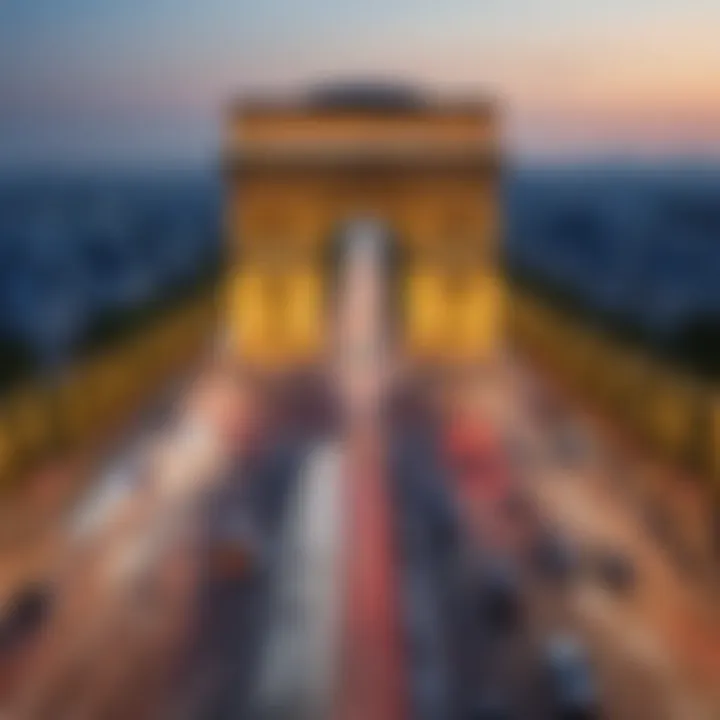 The majestic Arc de Triomphe framed by the bustling Champs-Élysées, symbolizing French victory and history.