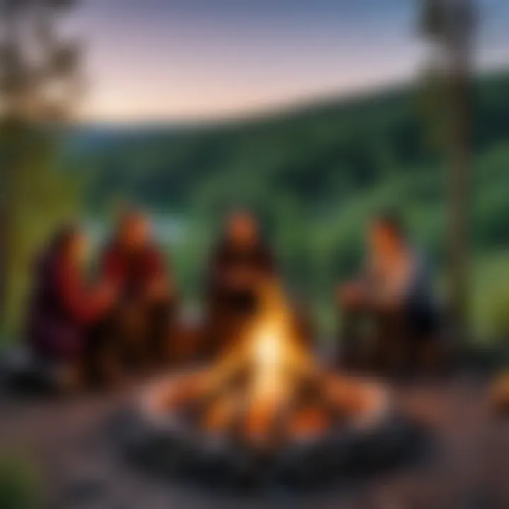 Guests enjoying a campfire at Лагерь Альбатрос during twilight