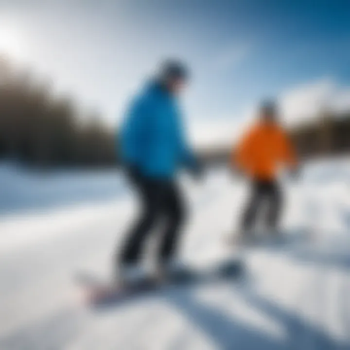 Visitors engaging in snowboarding activities in a scenic resort