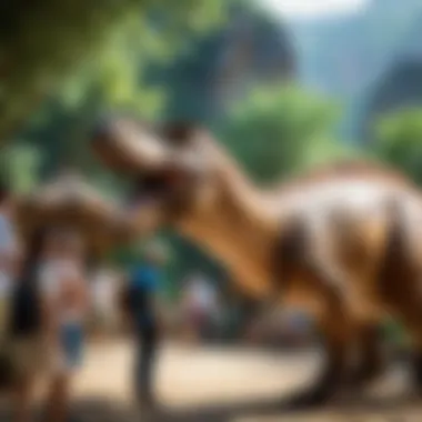 Engaging Visitor Experience with Dinosaurs A group of visitors engaging with life-size dinosaur models and enjoying the immersive experience.