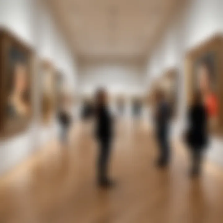 Visitors admiring artwork in a spacious exhibition hall