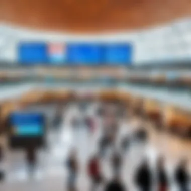 A bustling departure hall filled with travelers and digital displays