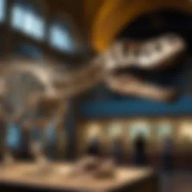 The Majestic Dinosaur Skeleton Exhibit Visitors admiring the intricate details of a dinosaur skeleton.