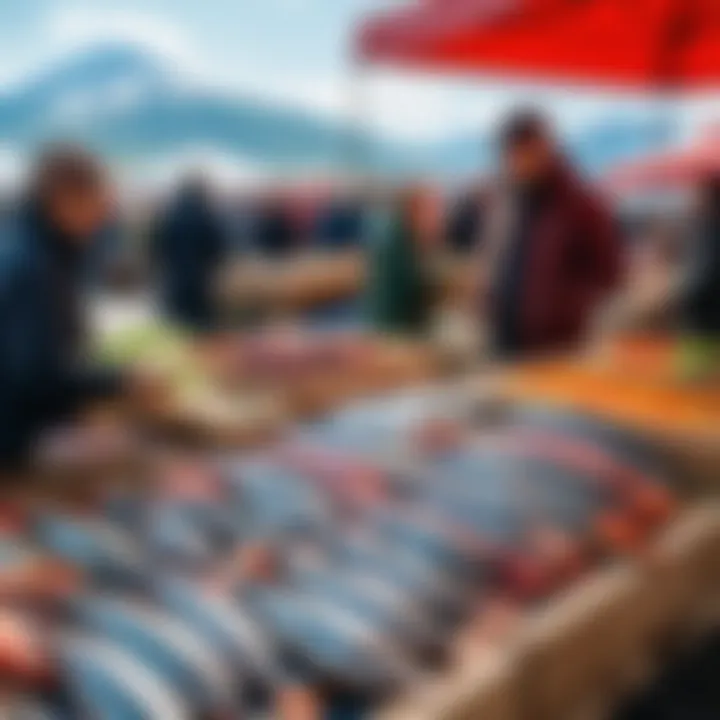 A scenic view of a bustling farmers' market with local vendors promoting Kamchatka's fish products