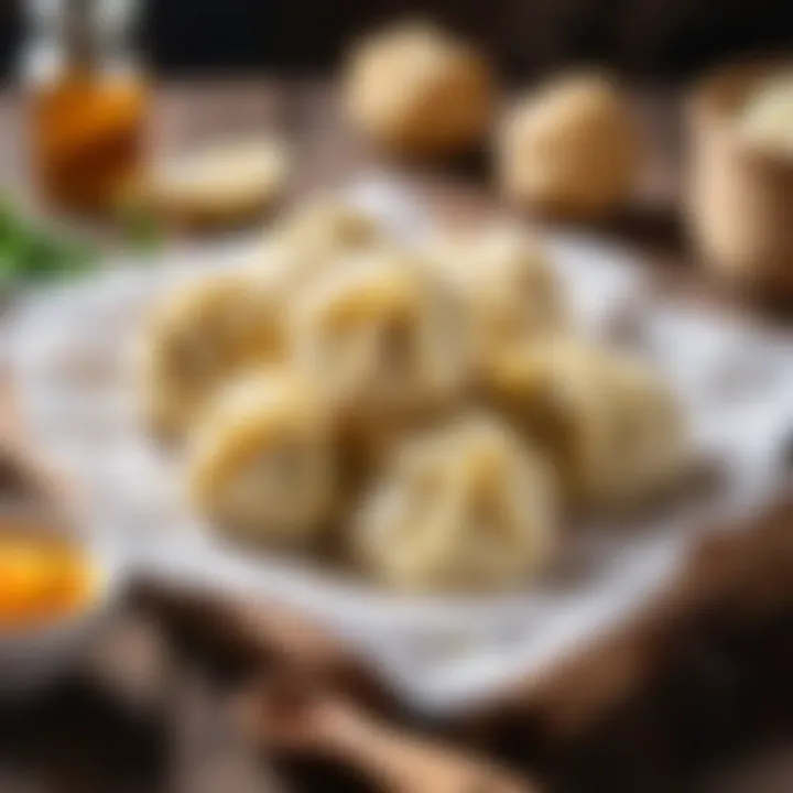 Close-up of freshly prepared Ural dumplings on a rustic table