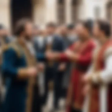 Slang Exchange in Georgian Gatherings A depiction of a lively gathering where Georgian slang is being exchanged among friends