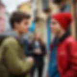 A vibrant street scene showcasing Georgian youth using slang in conversation