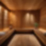 Luxurious sauna interior featuring warm wooden décor and ambient lighting