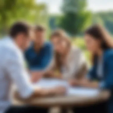 A group of individuals engaged in discussion, reviewing application materials