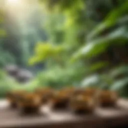 A serene setting showcasing singing bowls arranged in a peaceful environment.